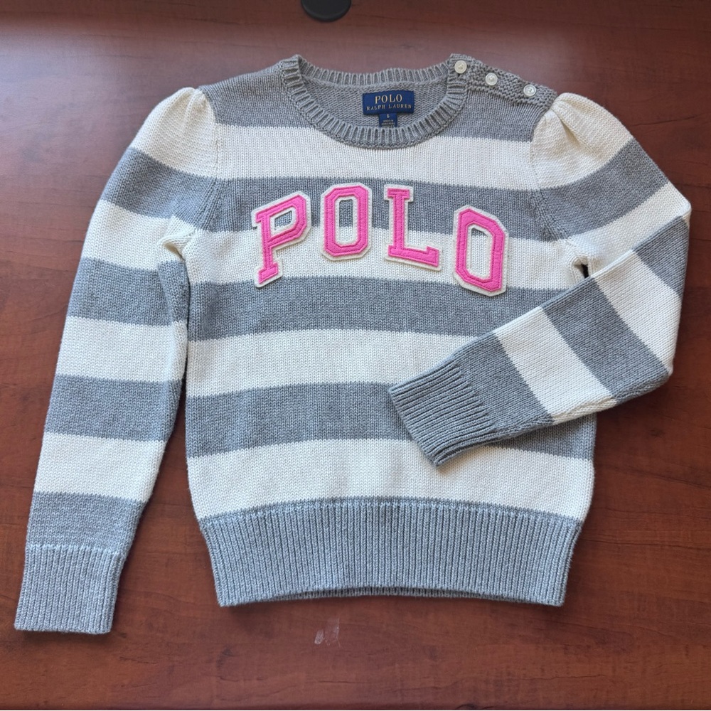 Polo by Ralph Lauren Kids Gray and Cream Striped Sweater with Pink Logo